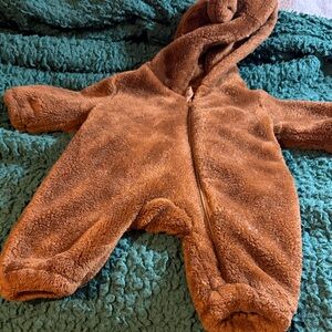 Brown Plush Hooded Baby One-Piece Snowsuit